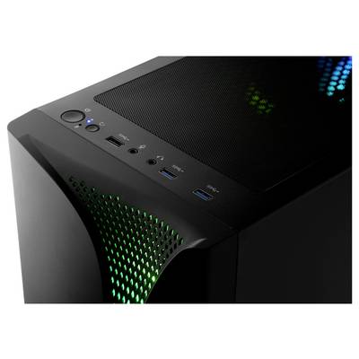 Ein schlankes schwarzes Computergehäuse mit leuchtend grünen und blauen LED-Lichtern auf der Ober- und Vorderseite. Es verfügt über mehrere USB-Anschlüsse und Audiobuchsen.