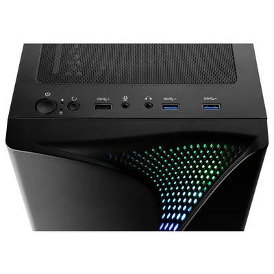 Das Bild zeigt die obere Frontplatte eines schwarzen Computergehäuses mit Power- und Reset-Tasten, Anschlüssen für Audio, USB 2.0 und USB 3.0, mit einem belüfteten Design, das durch blaue und grüne LED-Beleuchtung beleuchtet wird.