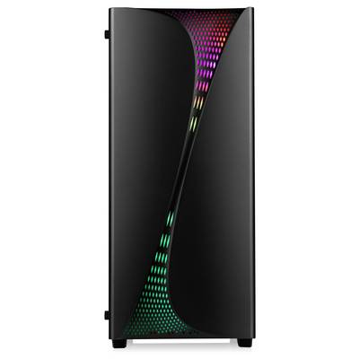 Ein schlanker schwarzer Computertower mit geschwungenen, bunten LED-Beleuchtungen am Frontpanel.