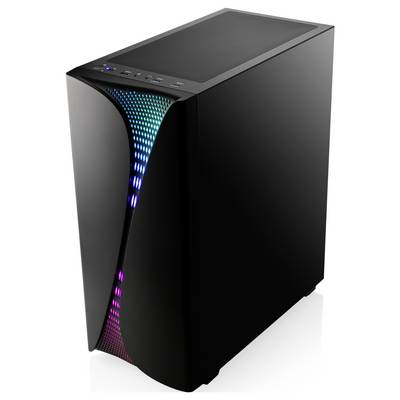 Ein schwarzer Computer-Tower mit LED-Leuchten in Blau und Pink auf der Frontplatte.