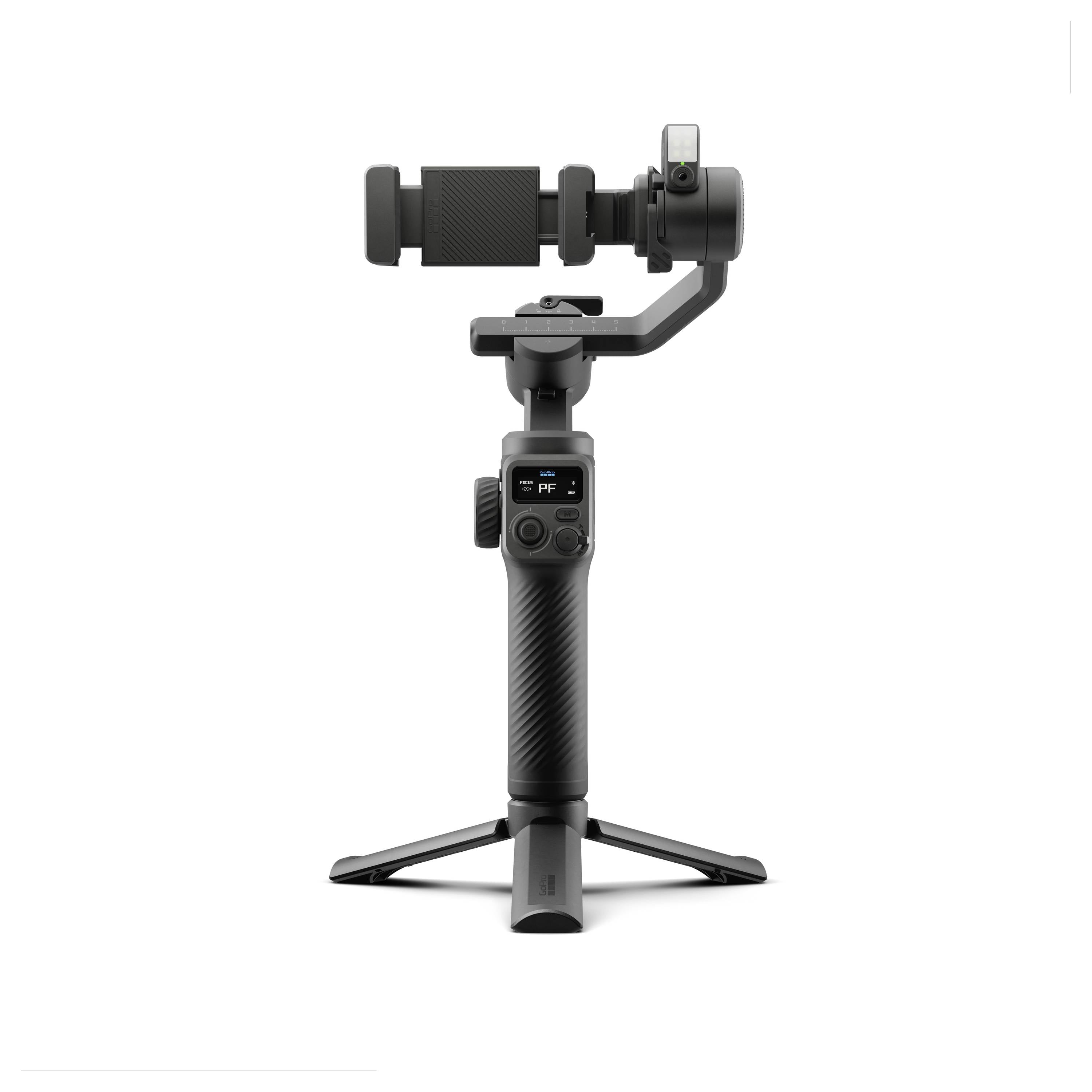 Ein handgehaltener Gimbal-Stabilisator mit Smartphone-Halterung und Steuerungstasten, auf einer Stativbasis montiert, entwickelt für stabile Film- und Fotoaufnahmen.