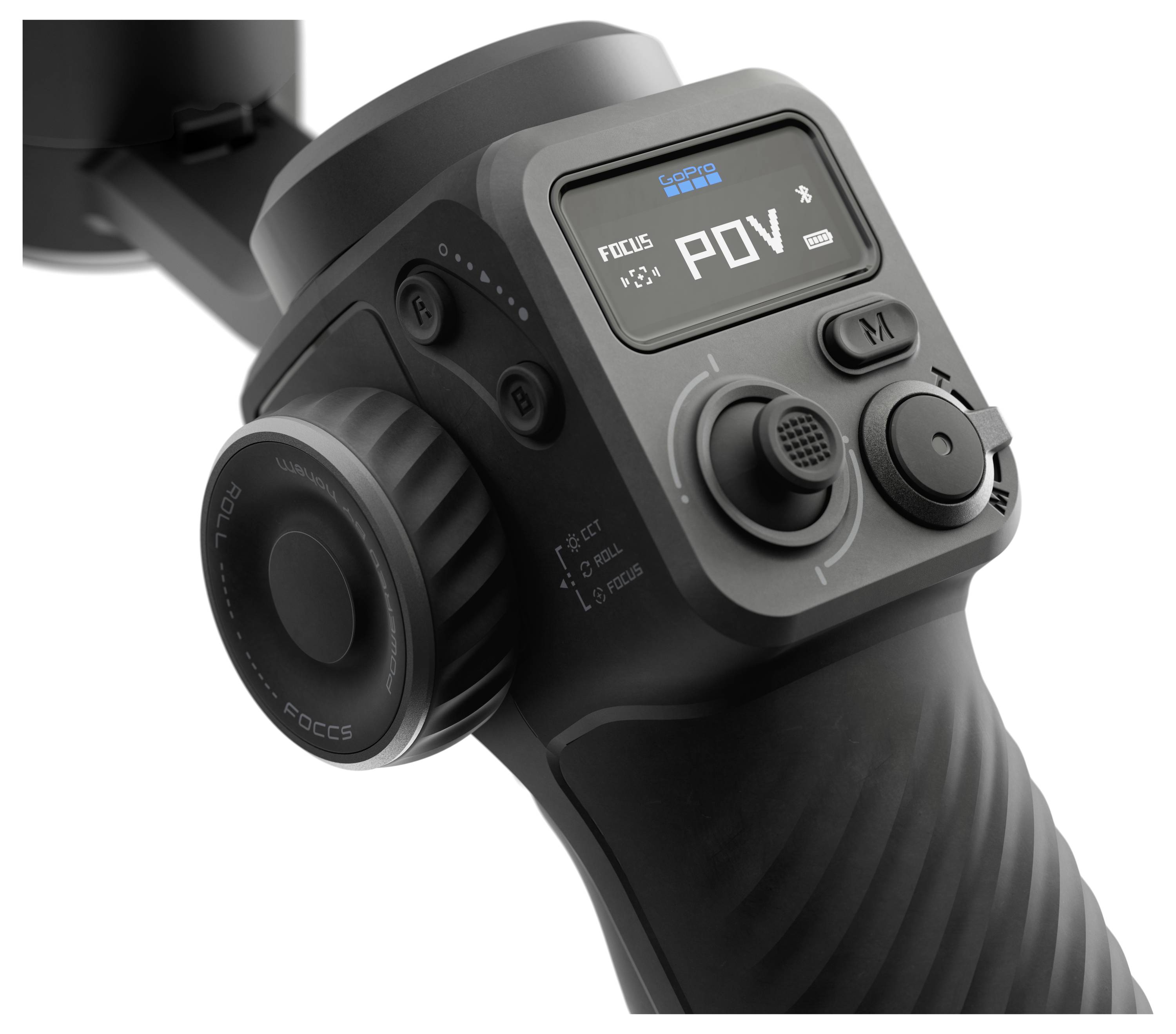 Kamera-Gimbal-Steuerung mit Focusring, Display mit Anzeige "POV", Joystick und Bedienknöpfen zur Anpassung der Kameraeinstellungen.