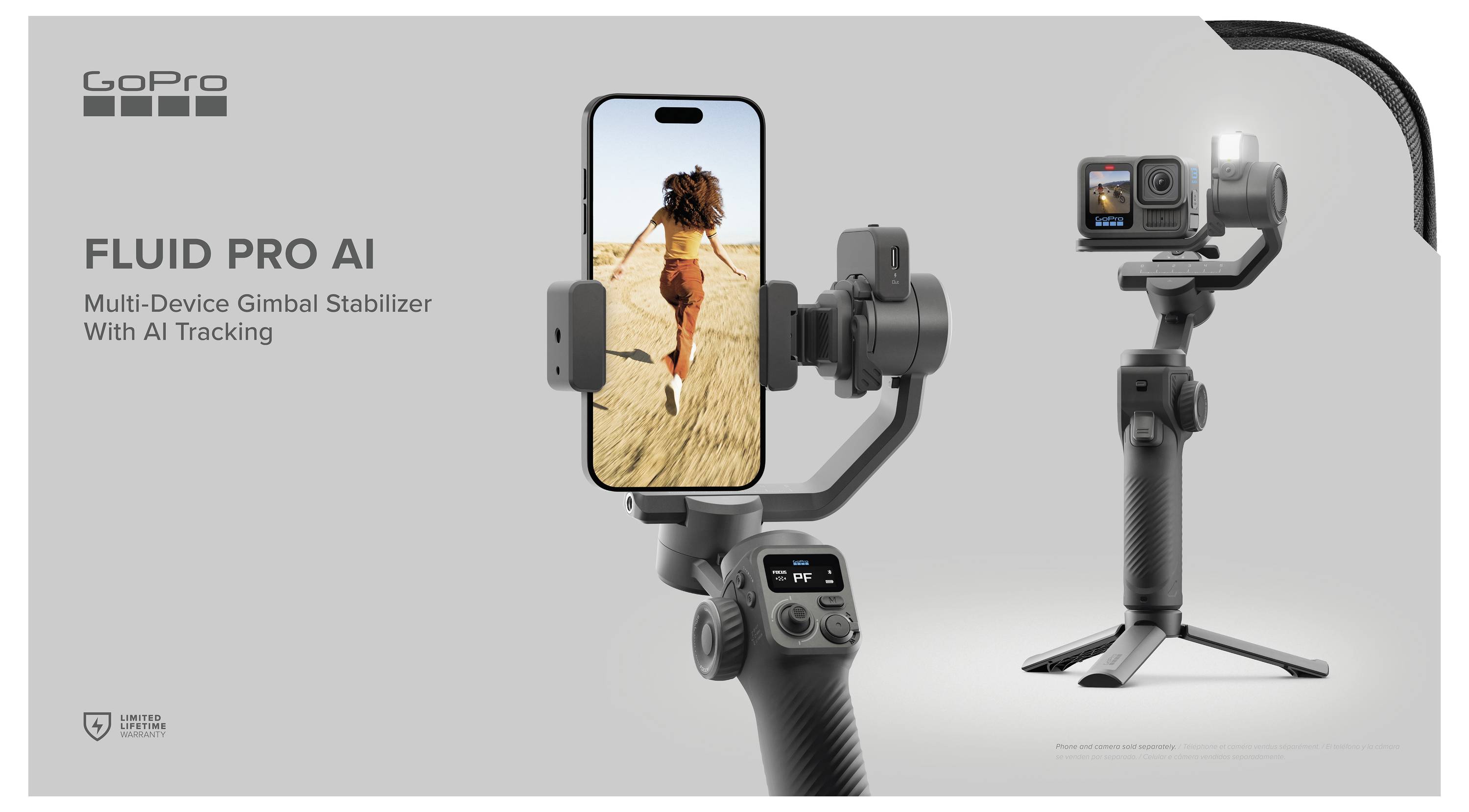 Ein GoPro Fluid Pro AI wird mit einem Smartphone und einer Kamera gezeigt, der seinen Multi-Geräte-Gimbals-Stabilisator mit KI-Verfolgung demonstriert.
