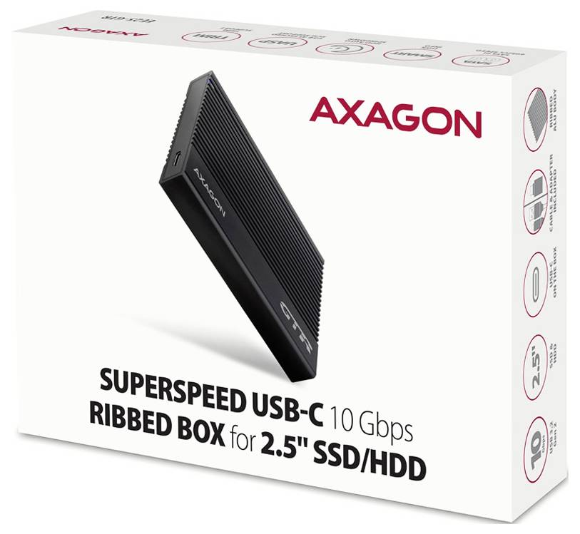 'AXAGON Superspeed USB-C gerippte Box für 2,5" SSD/HDD, 10 Gbps'