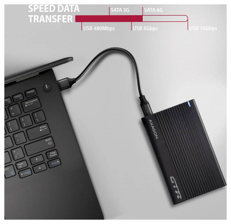 Ein Laptop ist über ein USB-Kabel mit einer externen Festplatte verbunden. "SPEED DATA TRANSFER" wird angezeigt, mit SATA- und USB-Geschwindigkeitsetiketten darüber.
