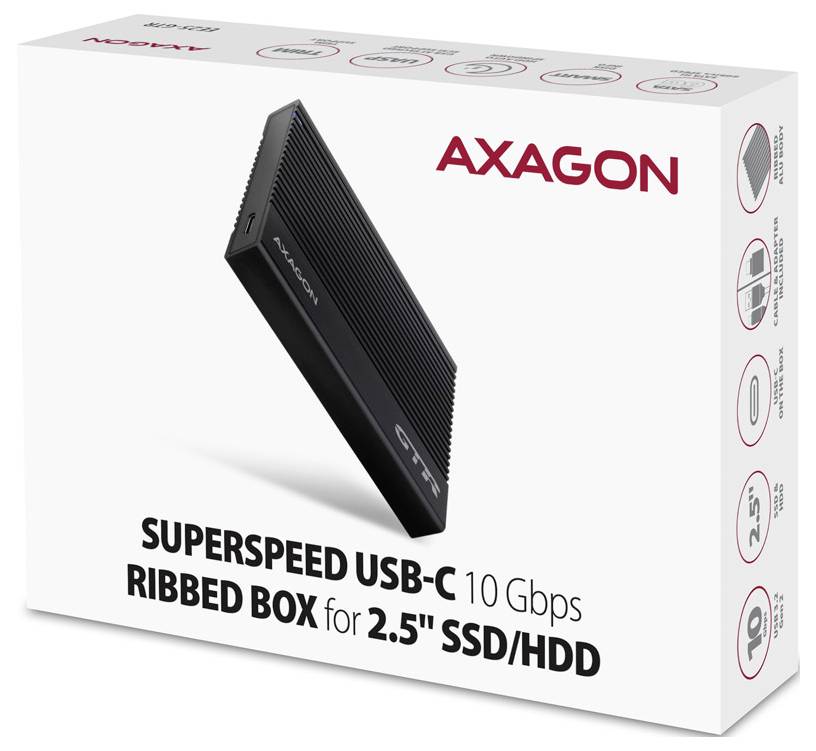 'Axagon SuperSpeed USB-C gerippte Box für 2,5" SSD/HDD, 10 Gbps.' Das Bild zeigt die Produktverpackung mit Betonung auf Geschwindigkeit und Kompatibilität.