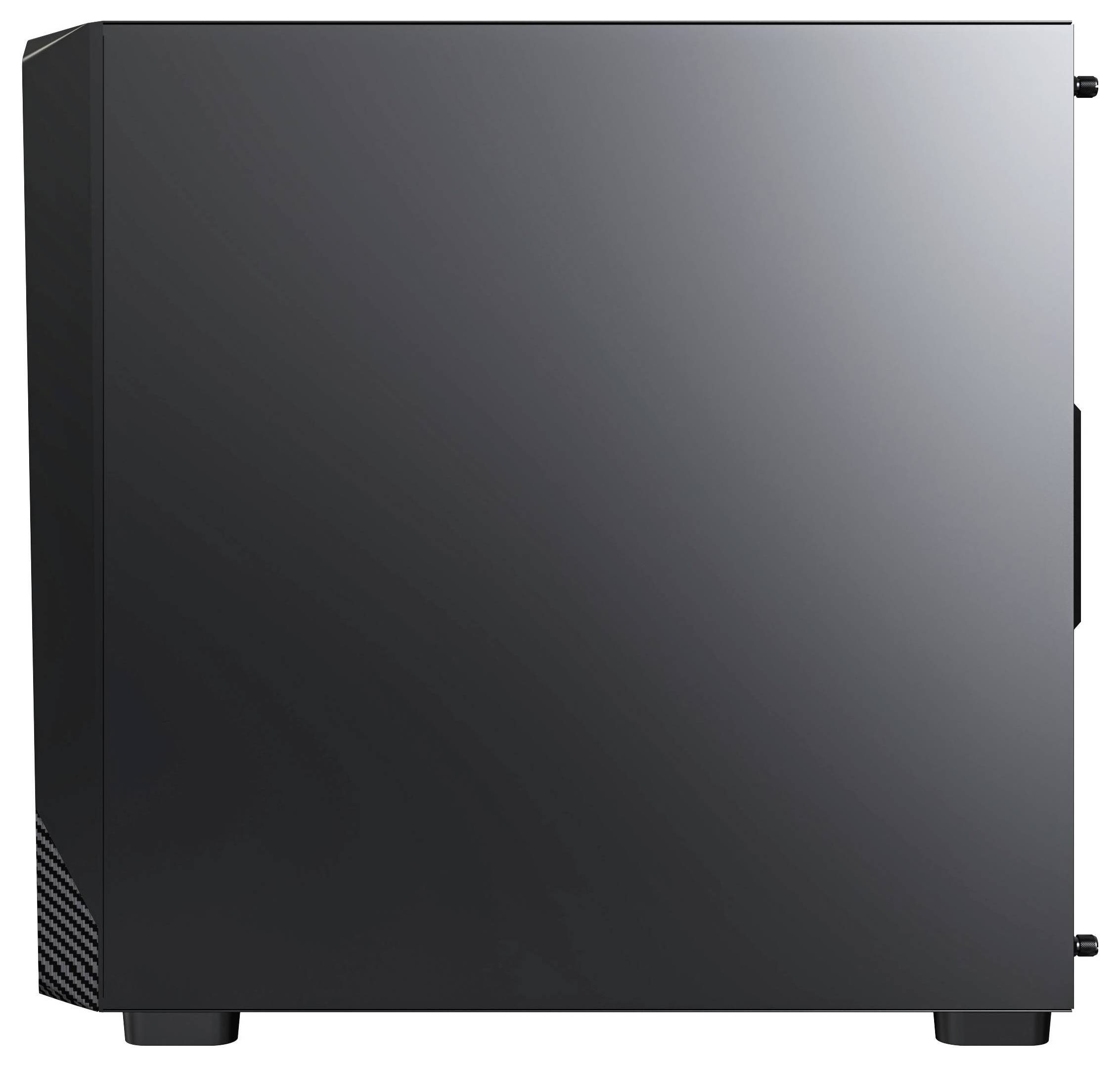 Ein schlankes, schwarzes Computergehäuse mit minimalistischem Design und ohne sichtbare Logos oder Frontblenden-Anschlüsse, von der Seite betrachtet.