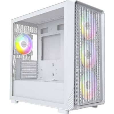 Ein weißes Computergehäuse mit RGB-Lüftern vorne und hinten, ausgestattet mit einem Mesh-Frontpanel für optimale Luftzirkulation, das ein leeres Inneres für Komponenten zeigt.