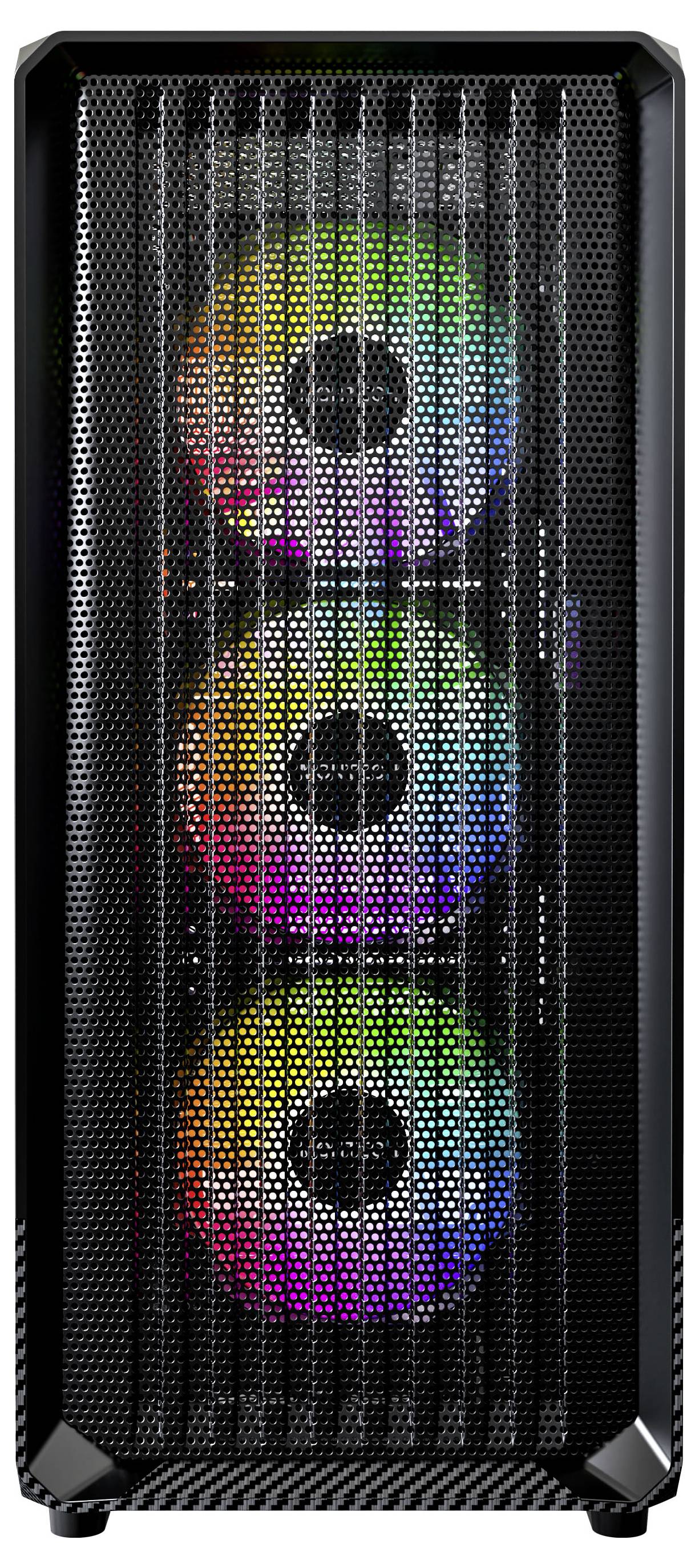 Ein schwarzes Computergehäuse mit einem Frontpanel aus Gitter, das drei RGB-Lüfter zeigt, die ein Farbspektrum präsentieren.