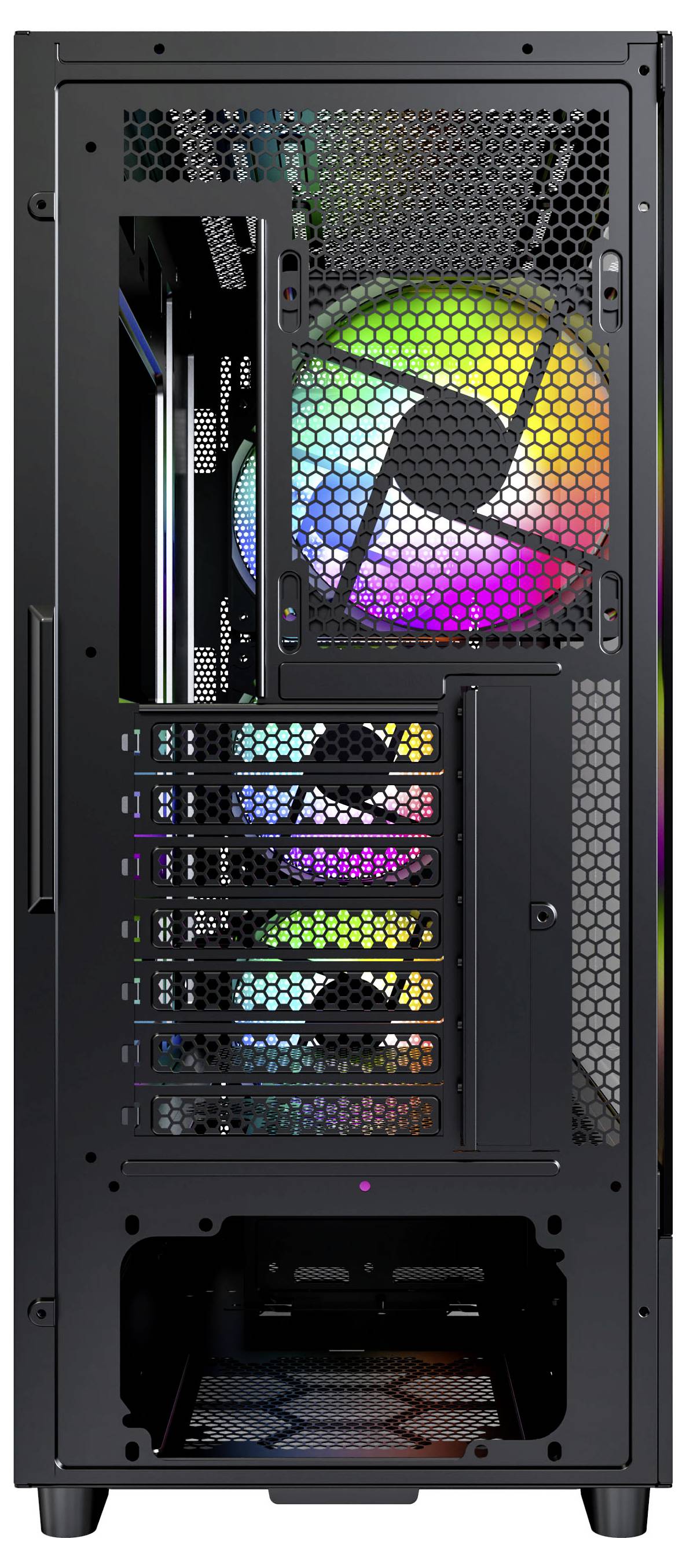 Ein schwarzes Computergehäuse mit RGB-Lüftern, die durch Gitterpanels sichtbar sind und farbenfrohe LED-Beleuchtung präsentieren.