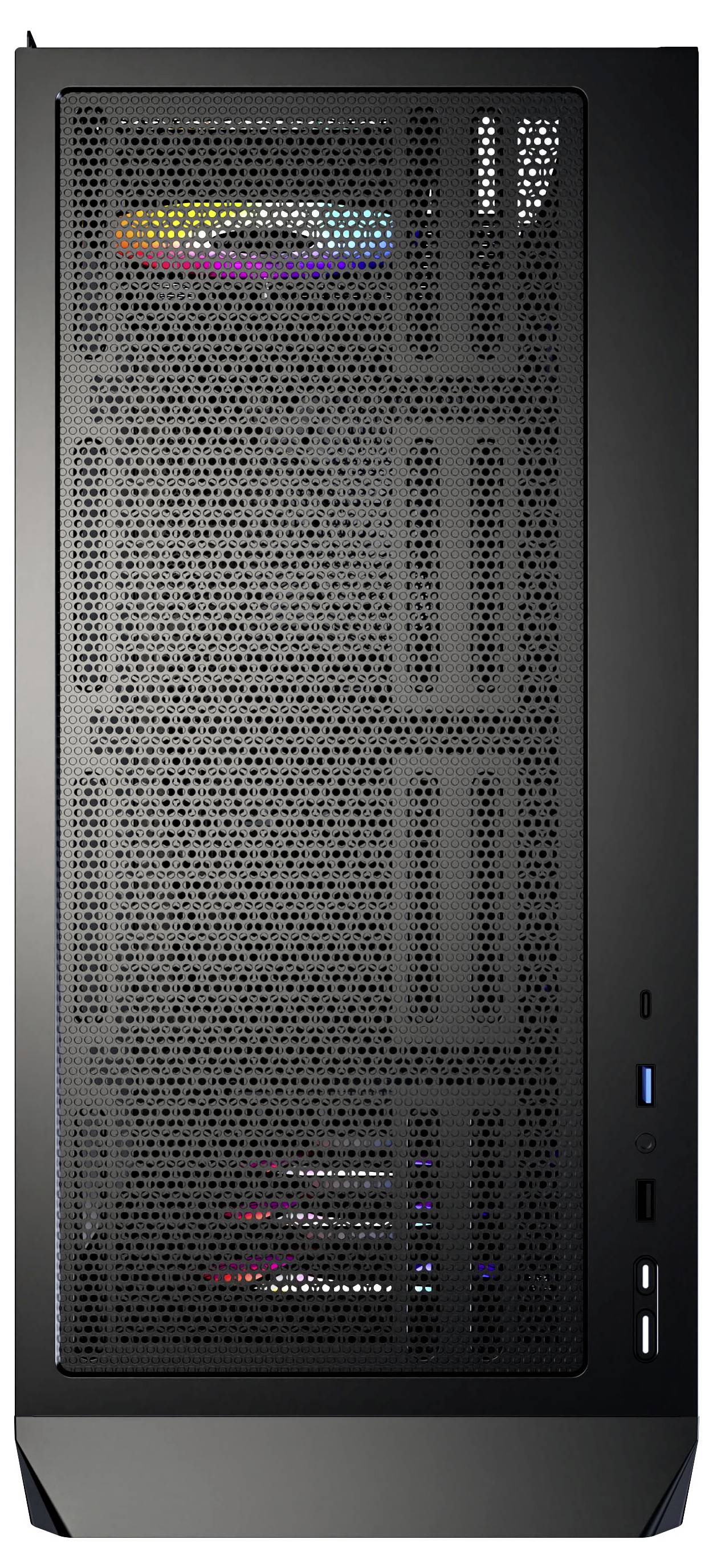 Ein schwarzes Computer-Tower-Gehäuse mit gelochter Frontblende, die interne Komponenten und bunte LED-Beleuchtung sichtbar macht, mit USB-Anschlüssen an der Seite.