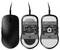 Drei Computermäuse werden gezeigt: zwei sind umgekehrt und zeigen ihren Sensor und Branding-Details, während eine Maus aufrecht positioniert ist.