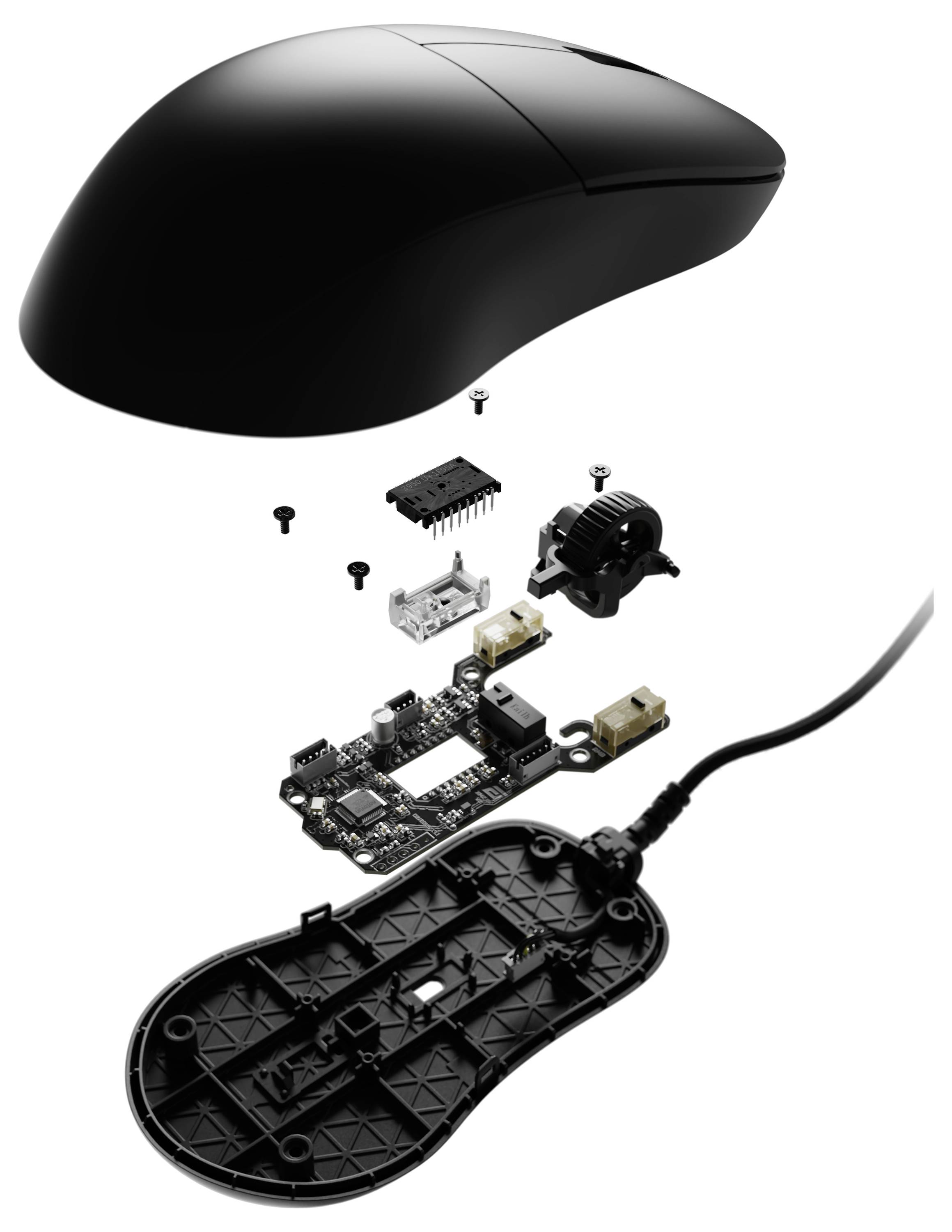 Explosionsdarstellung einer Computermaus mit Außengehäuse, Leiterplatte, Tasten, Scrollrad und inneren Schrauben.