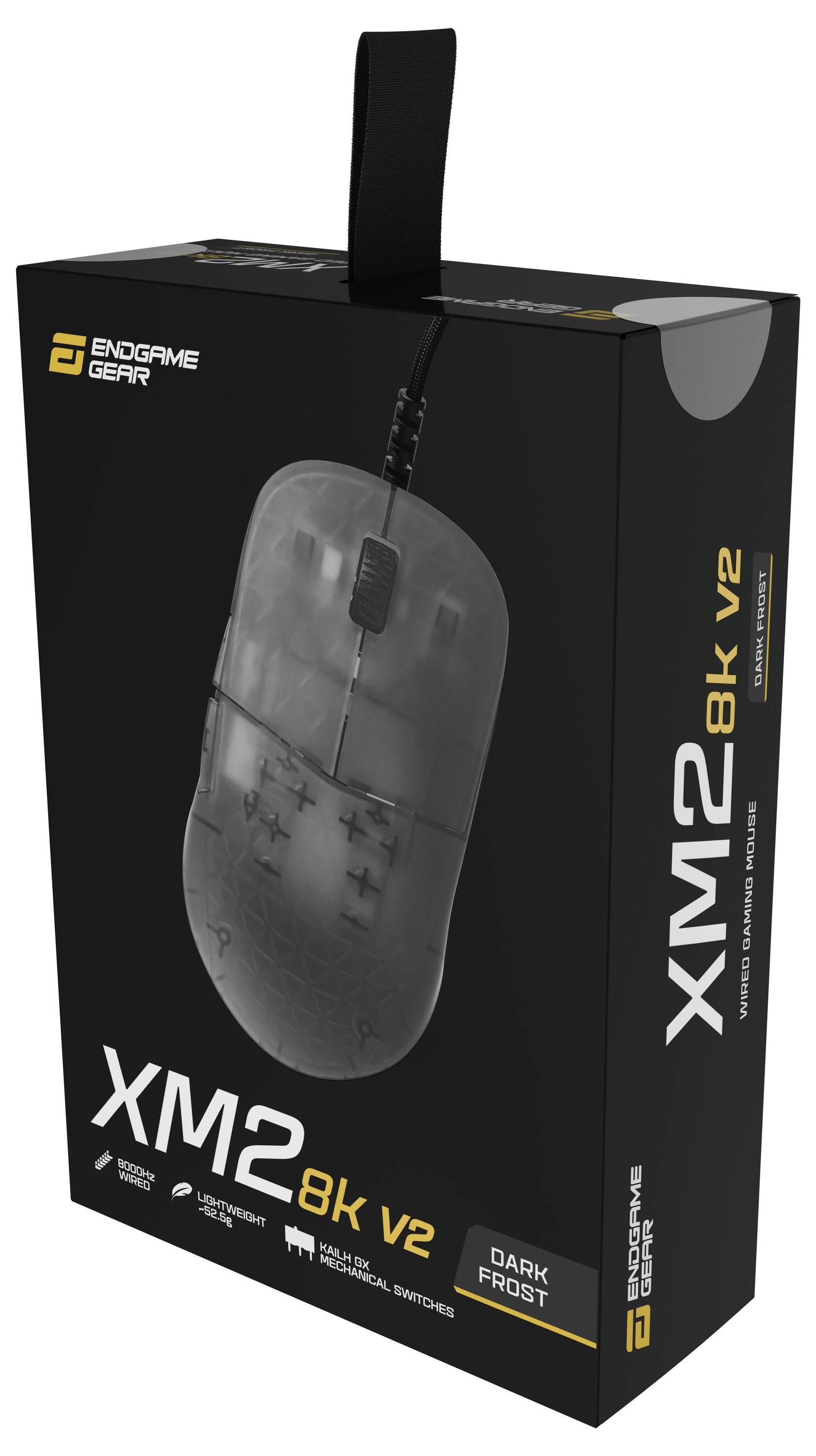 Verpackung der Maus „Endgame Gear XM2, 8k v2, Dark Frost", zeigt eine kabelgebundene Maus mit hochwertigen Schaltern und ergonomischem Design.
