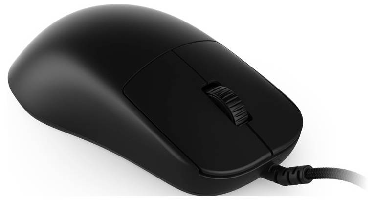 Eine schwarze Computermaus mit zwei Tasten und einem Scrollrad, per Kabel angeschlossen, aus einer Draufsichtperspektive.