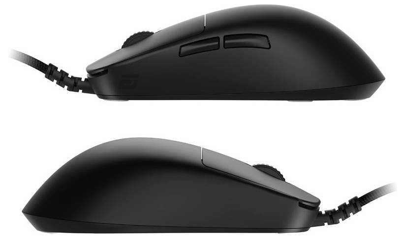 Seitenansicht von zwei schwarzen Computermäusen, eine über der anderen, die ein schlankes Design und zwei Seitentasten zeigen.