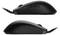Seitenansicht von zwei schwarzen Computermäusen, eine über der anderen, die ein schlankes Design und zwei Seitentasten zeigen.