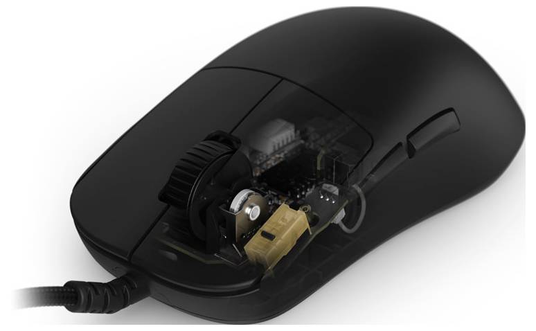 Eine Computermaus mit einem durchsichtigen Abschnitt, der ihre Innenkomponenten offenlegt, einschließlich eines Scrollrads und einer Leiterplatte.