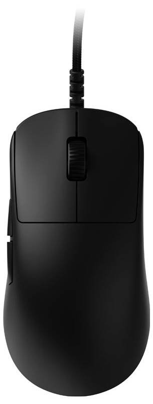 Eine schwarze Computermaus mit Scrollrad und Kabelverbindung wird aus einer Draufsichtsperspektive gezeigt.