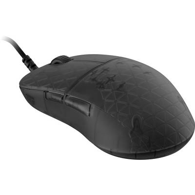Eine schwarze Computermaus mit einer strukturierten Oberfläche und einem Kabel auf der linken Seite, ausgestattet mit einem Scrollrad und zwei seitlichen Tasten.