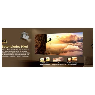 Ein großer Bildschirm, der ein leuchtendes Bild einer Figur zeigt, die bei Sonnenaufgang am Rand eines Berges läuft und dabei die 4K-Klarheit und KI-HDR-Funktionen hervorhebt.