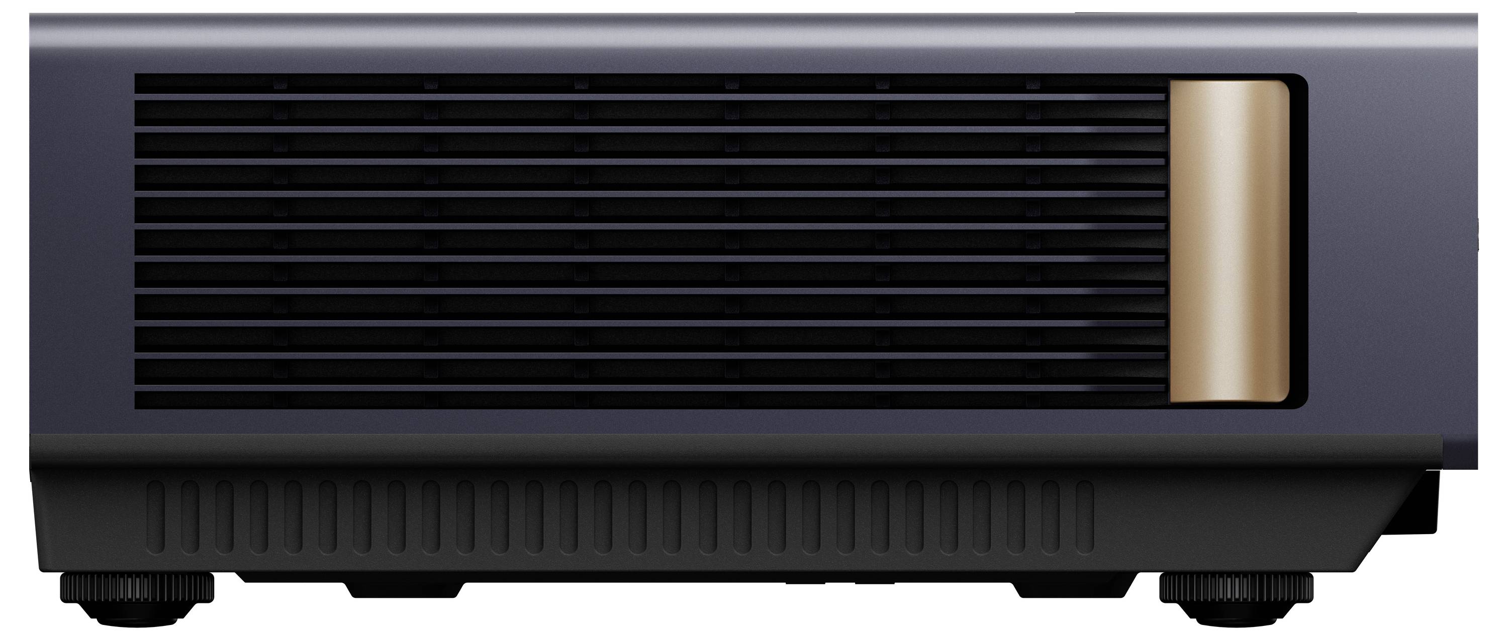Ein dunkel gefärbtes elektronisches Gerät mit einem großen belüfteten Frontpanel und einem goldenen Akzent auf der rechten Seite.