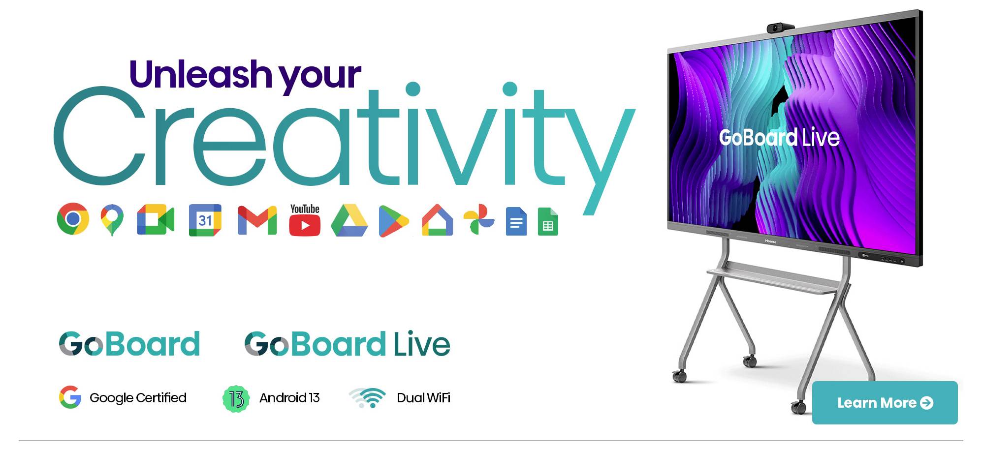 Interaktive Display-Anzeige präsentiert 'GoBoard Live' für Kreativität, mit App-Icons und Hervorhebung der Google-Zertifizierung und Android 13.