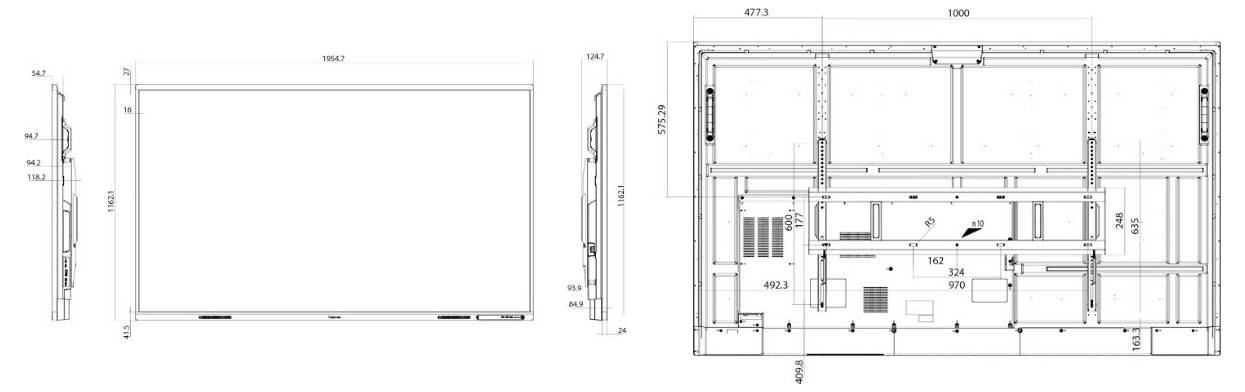 Technische Zeichnung einer elektrischen Verteilertafel mit verschiedenen Komponenten und Abmessungen. Vorder- und Seitenansicht mit beschrifteten Maßen.
