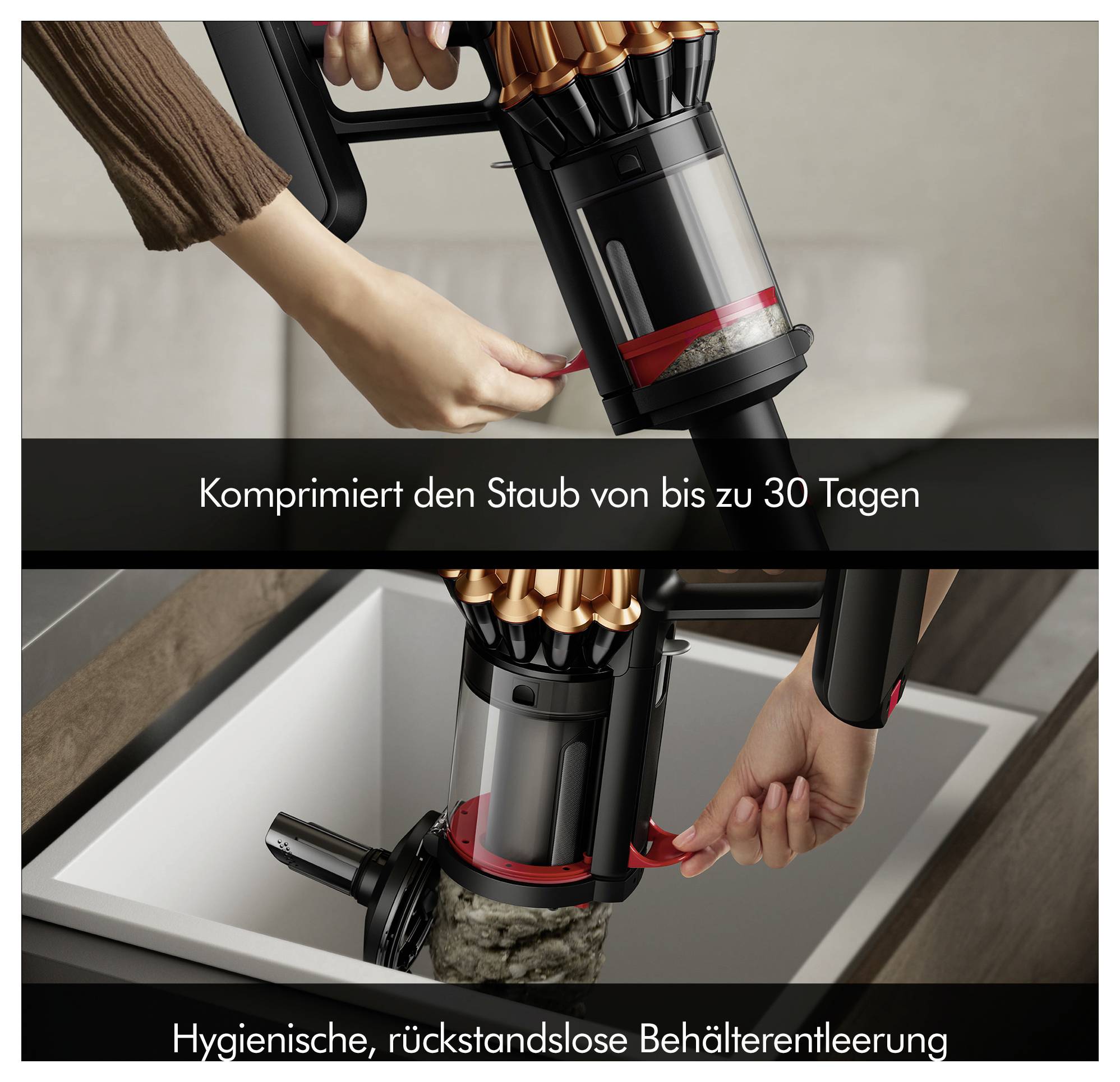 Eine Hand hält einen Staubsauger mit im Behälter verdichteten Staub. Das zweite Bild zeigt, wie der Behälter über einem Waschbecken geleert wird.