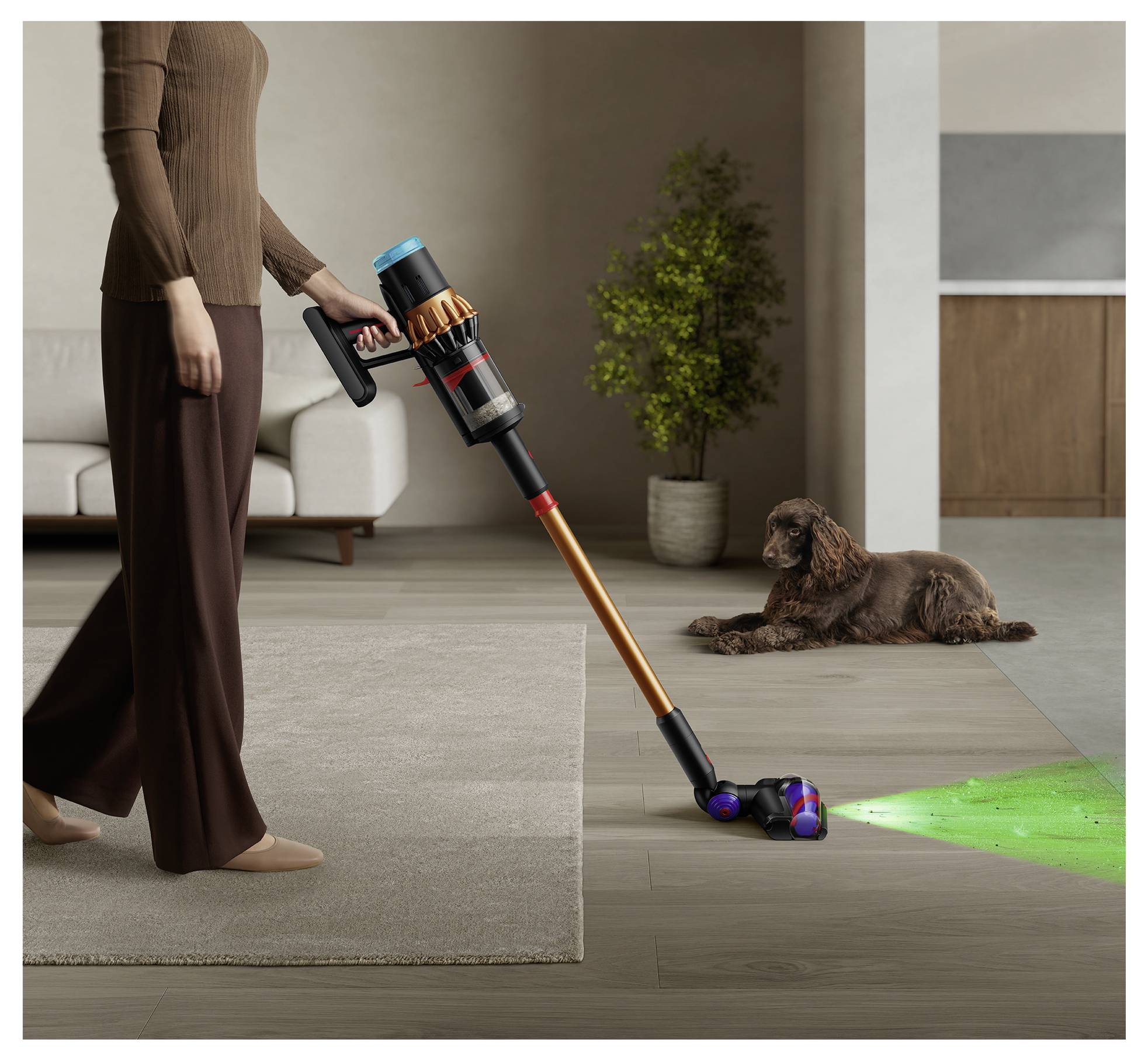 Eine Person saugt einen Teppich mit einem modernen kabellosen Staubsauger; ein Hund sitzt in der Nähe auf dem Teppich in einer Wohnzimmeratmosphäre.