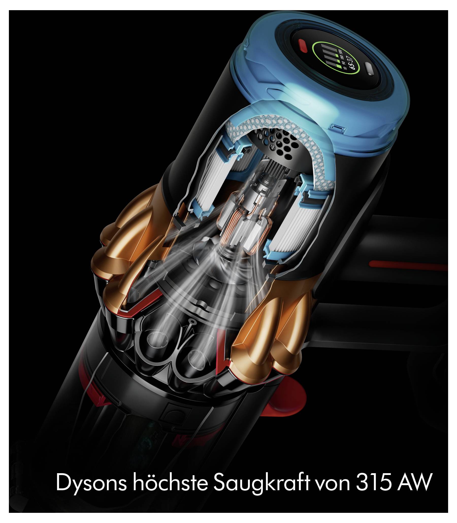 Ein Staubsauger-Modell, das Innenkomponenten zeigt, mit hervorgehobenem Text, der „Dysons höchste Saugkraft von 315 AW" liest und auf eine starke Saugkraft hinweist.