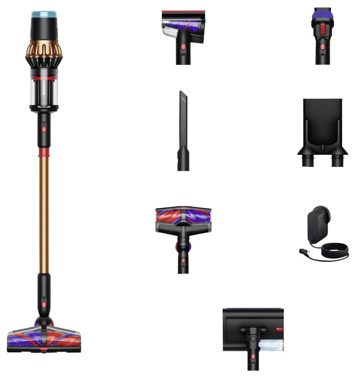 Ein kabelloser Stabstaubsauger mit einer Kupferwelle und verschiedenen Anbauteilen, darunter eine Fugendüse, eine Wandhalterung und unterschiedliche Bürstenaufsätze für vielseitiges Reinigen.