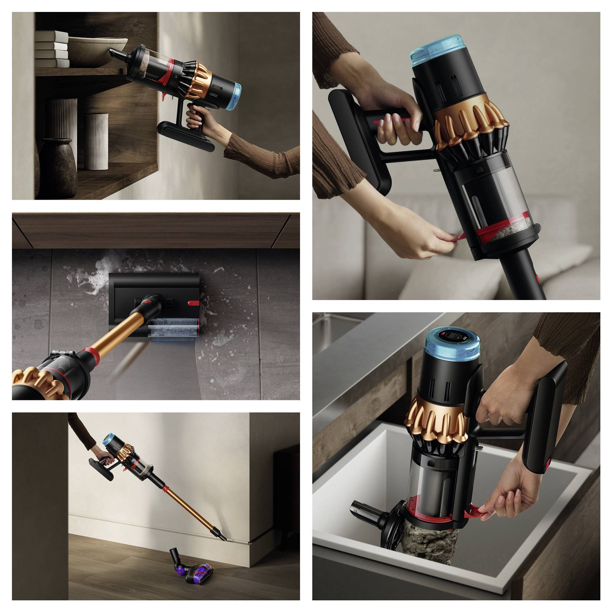 Eine Collage verschiedener Staubsauger-Anwendungen: Erreichen hoher Regale, Reinigen enger Räume, Zugang zu schwer erreichbaren Ecken und Staubsaugen von Böden.