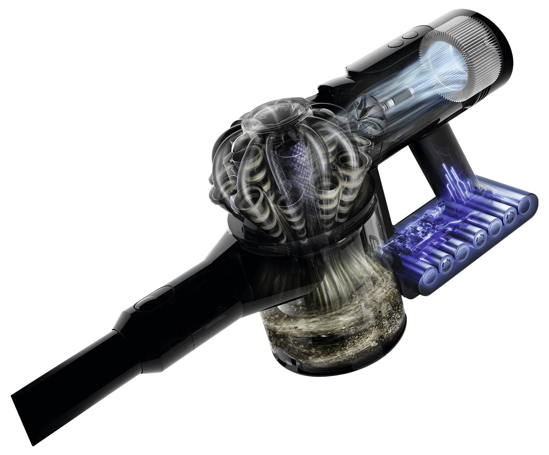 Technische Schnittzeichnung eines Staubsaugers mit Darstellung der Innenkomponenten wie Zyklon-System, Motor und Abluft, mit Schwerpunkt auf der Luftströmung.