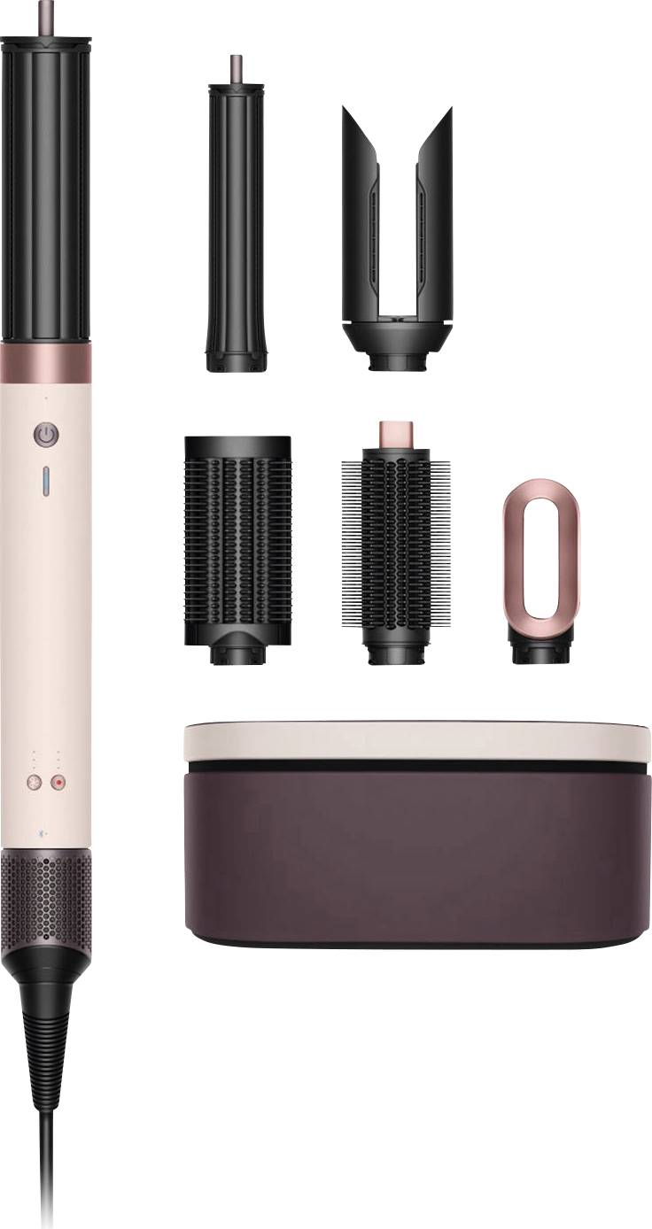 Ein Haarstyling-Werkzeugsatz mit Aufsätzen zum Lockendrehen, Glätten, Volumieren und Aufbewahrungsbox.