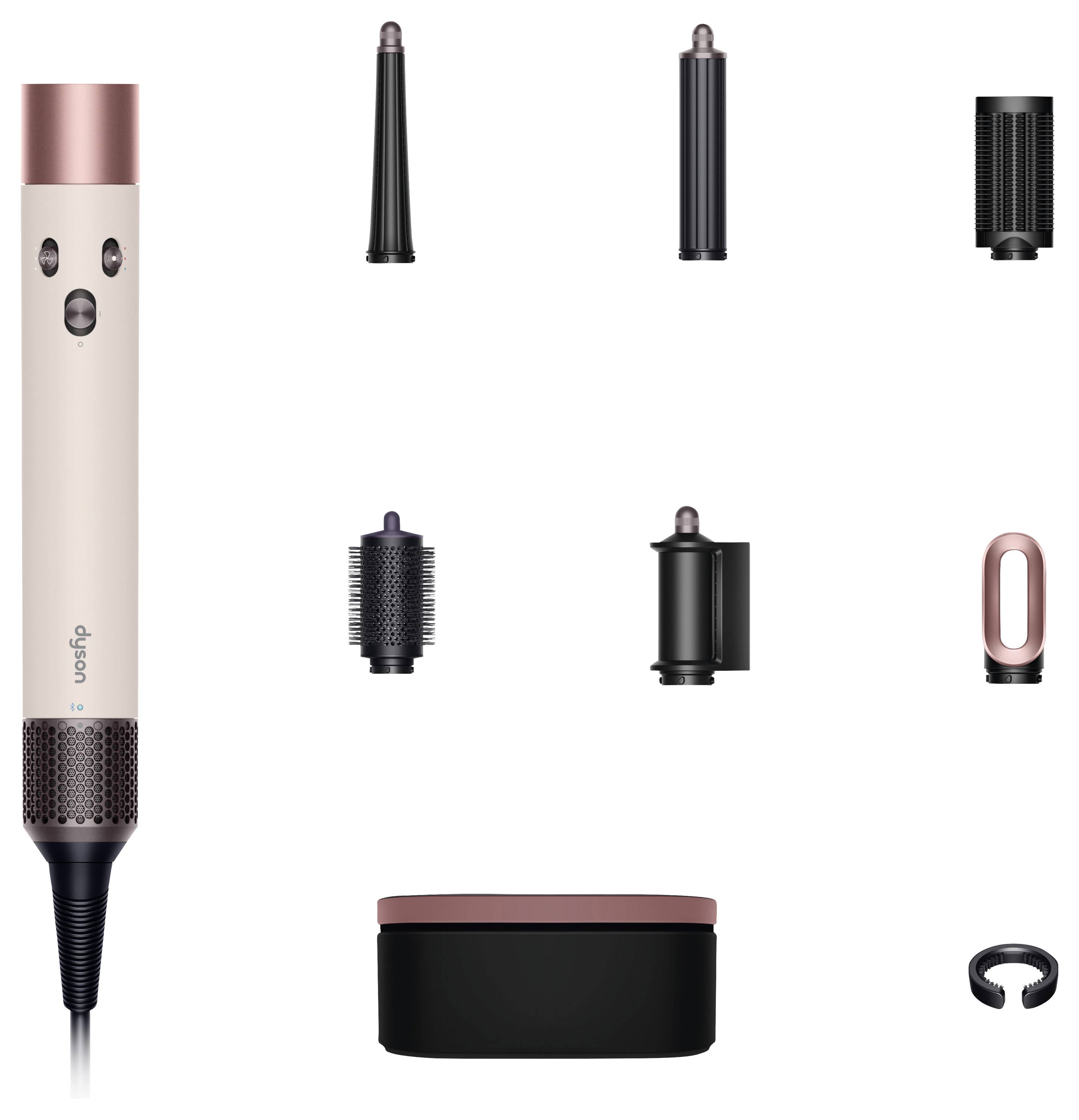 Ein Haarstyling-Gerät mit verschiedenen Aufsätzen, darunter Lockenstäbe und Bürsten, präsentiert neben einem Aufbewahrungskoffer und Zubehör.