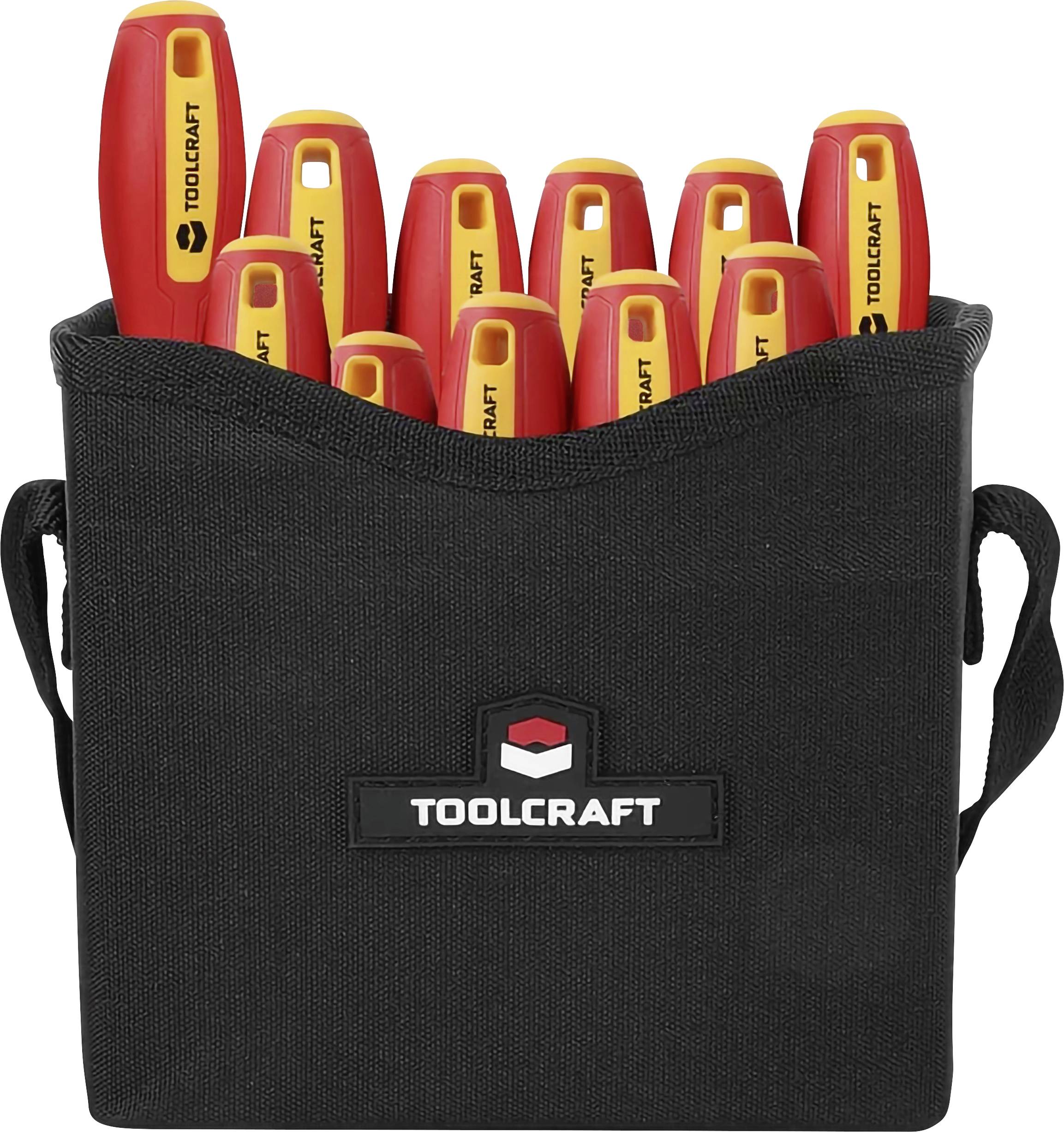 Schwarze Toolcraft-Werkzeugtasche mit mehreren rot-gelben isolierten Schraubendrehern, Seitengriffen und sichtbarem Toolcraft-Logo.