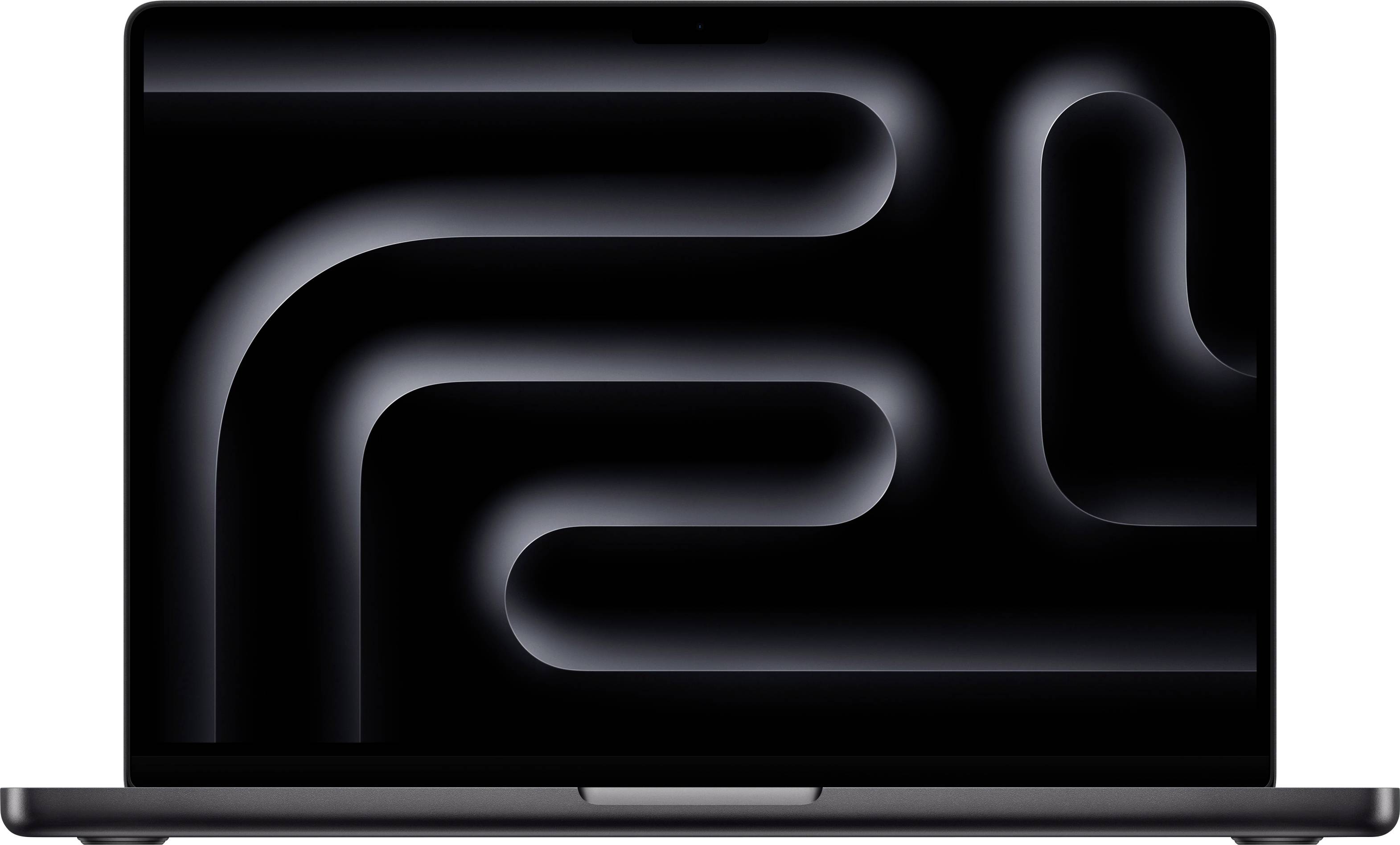 Ein Laptop mit einem schwarzen Bildschirm zeigt ein abstraktes Design aus geschwungenen Linien.