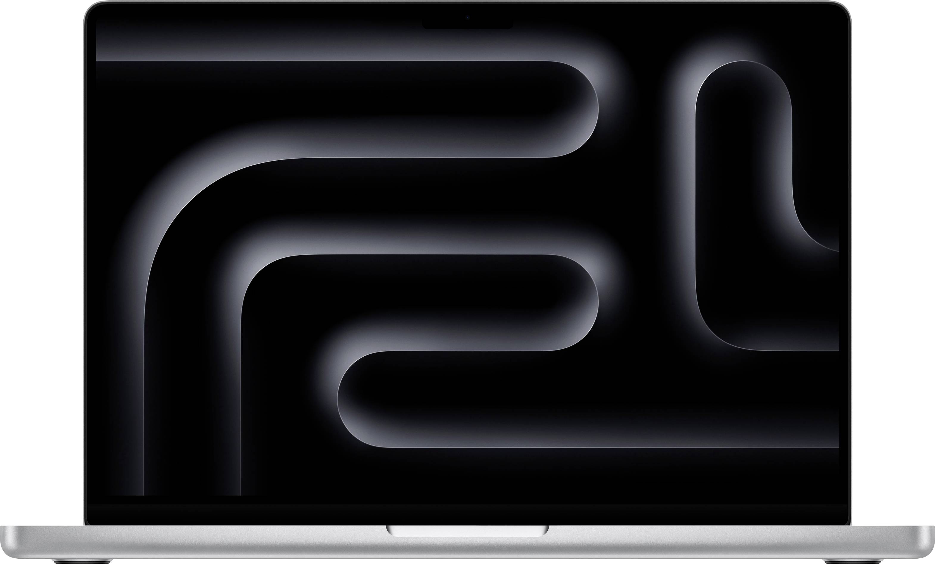 Ein geöffneter Laptop mit einem abstrakten, dunklen Bildschirmhintergrund zeigt geschwungene Linien in einem minimalistischen Design.