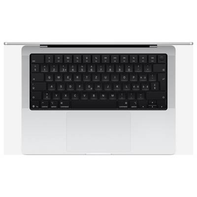 Laptop von oben mit schwarzer Tastatur und großem Touchpad. Das Gerät ist silbern und zeigt eine Standard-Tastaturbelegung.