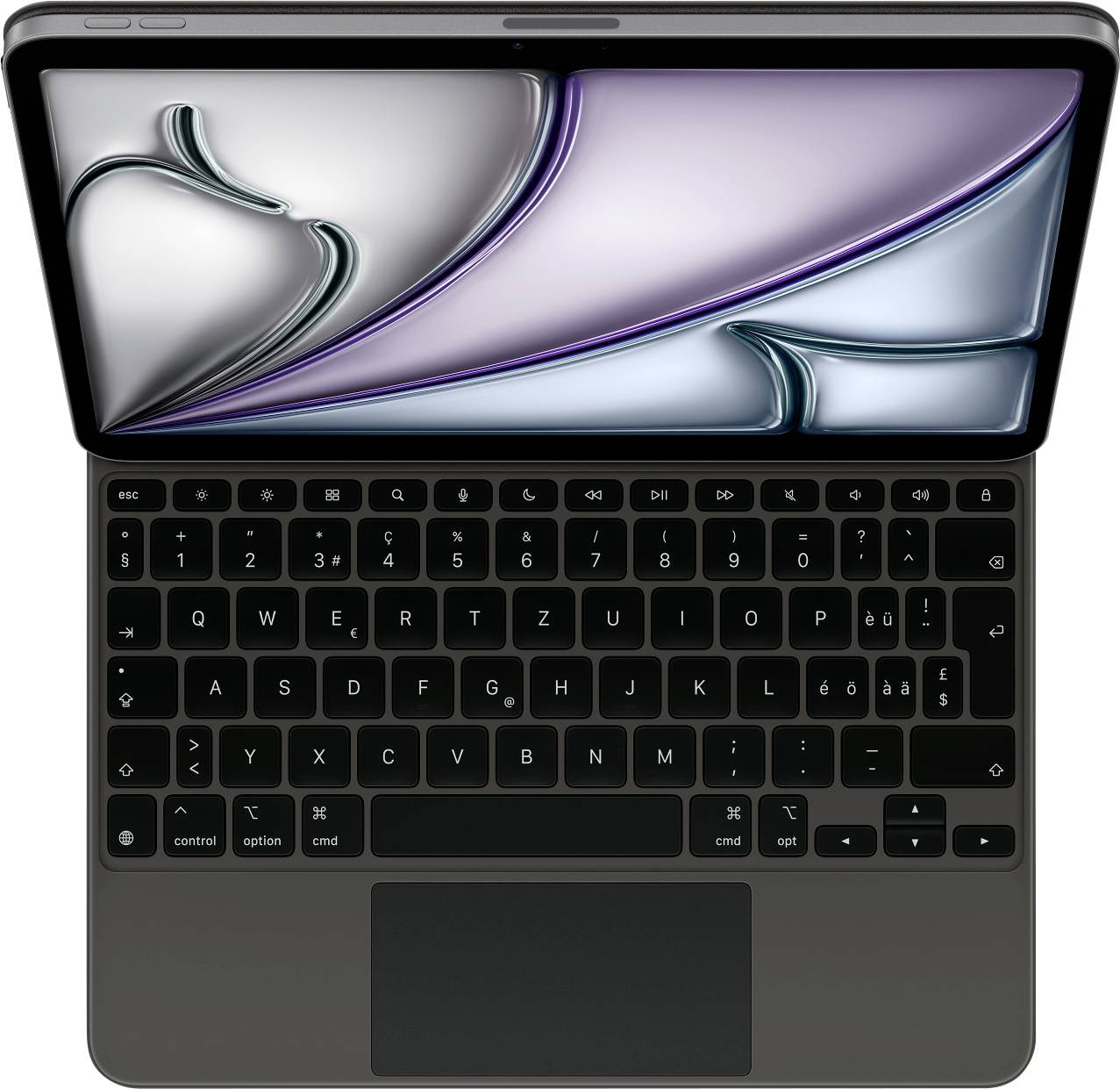Ein Laptop von oben mit geöffnetem Bildschirm, schwarz-silberne Tastatur. Der Bildschirm zeigt ein abstraktes Bild mit klaren Linien.
