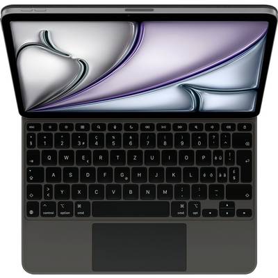 Ein Laptop von oben mit geöffnetem Bildschirm, schwarz-silberne Tastatur. Der Bildschirm zeigt ein abstraktes Bild mit klaren Linien.