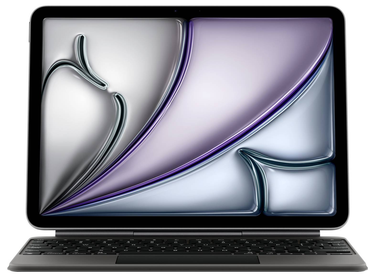 Ein Laptop mit einem abstrakten Design auf dem Bildschirm, das geschwungene Formen und sanfte Lila- und Grautöne zeigt.