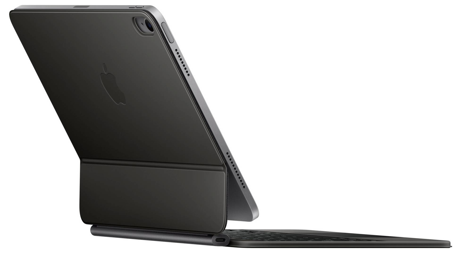 Ein Tablet mit angeschlossener Tastatur sitzt in einer Schutzhülle, das Display zeigt nach hinten geklappt.