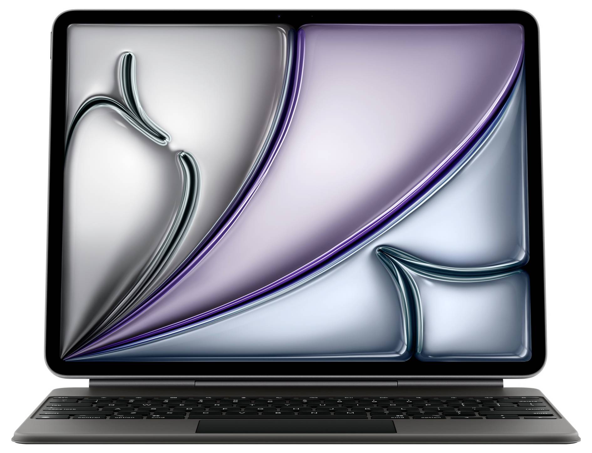 Ein moderner Laptop mit einem abstrakten digitalen Kunstwerk auf dem Bildschirm, das fließende Formen in Lila- und Grautönen zeigt.