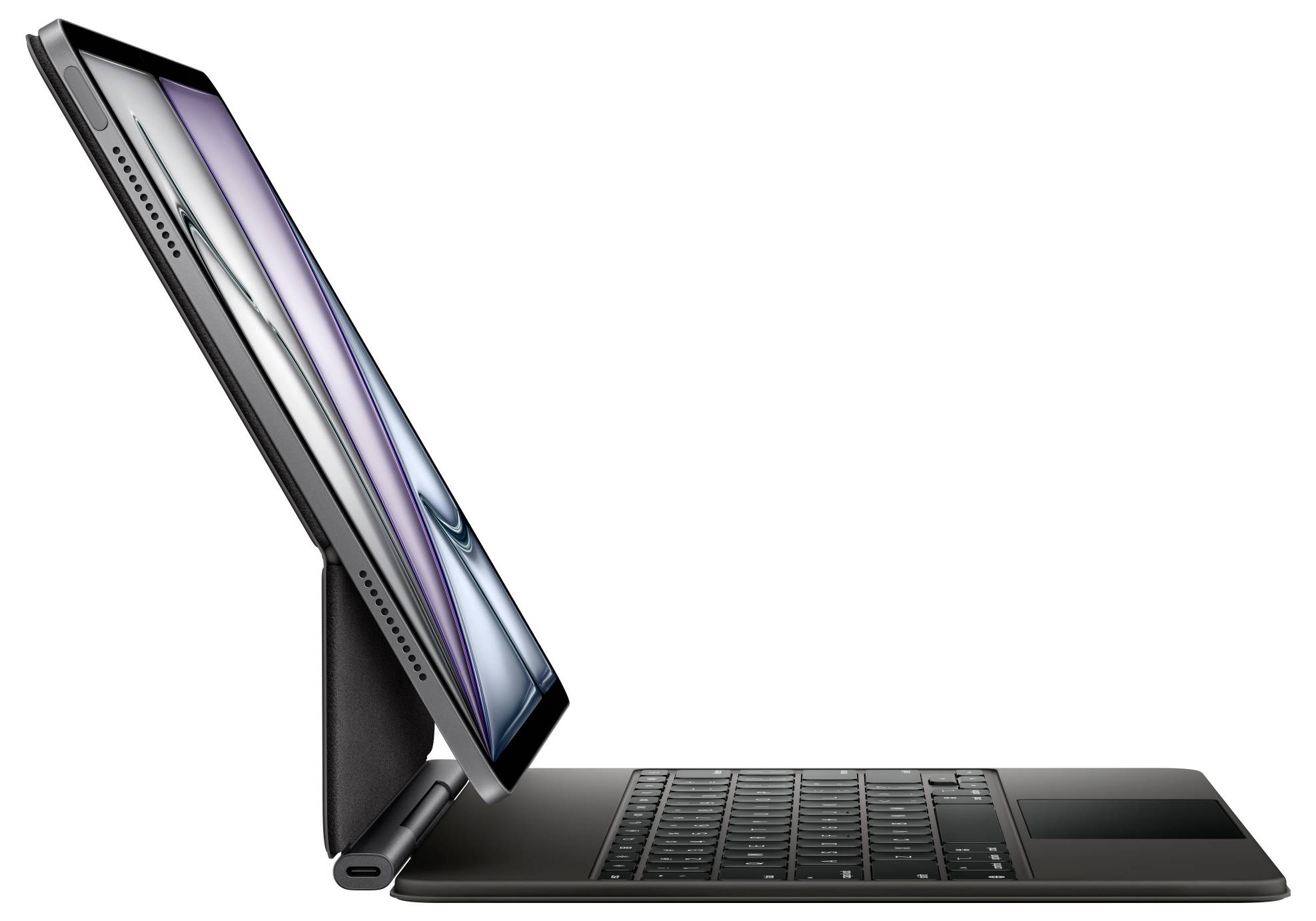 Ein Laptop-Tablet-Hybrid in Seitenansicht, das auf einer Tastaturständer-Hülle ruht, zeigt einen schlanken und modernen Entwurf.