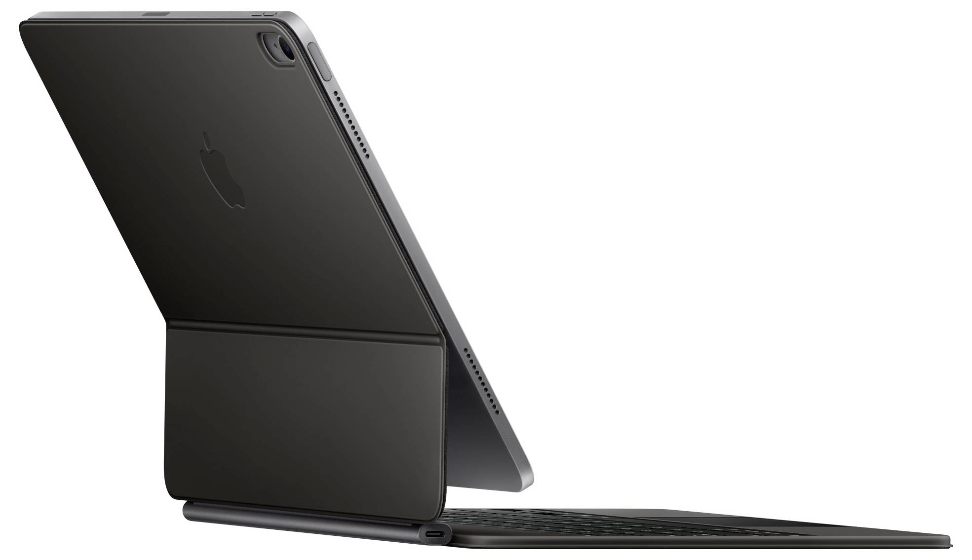 Ein Tablet ist in einem schwarzen Schutzhülle mit integrierter Tastatur aufgestellt. Es steht leicht gekippt und zeigt die Rückseite.
