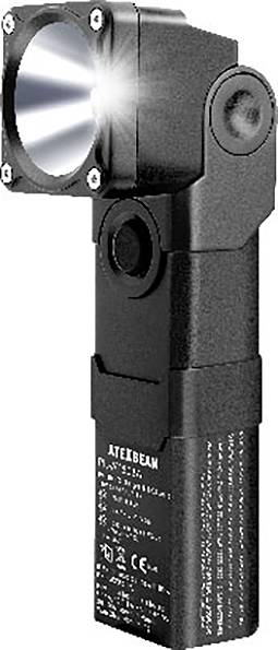 Eine schwarze, gewinkelte Taschenlampe mit quadratischem Kopf und hellem Lichtstrahl, entwickelt für strapazierfähigen Einsatz.