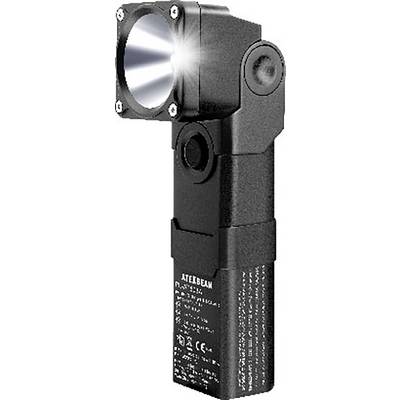 Eine schwarze, gewinkelte Taschenlampe mit quadratischem Kopf und hellem Lichtstrahl, entwickelt für strapazierfähigen Einsatz.