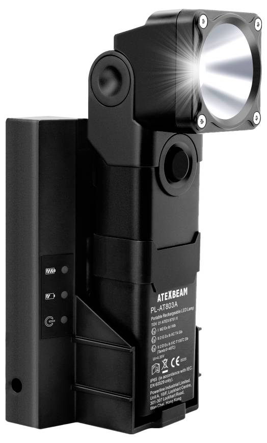 Eine schwarze LED-Taschenlampe mit rechteckigem Gehäuse, einem zylindrischen Kopf, der Licht abstrahlt, und Bedienknöpfen an der Seite.